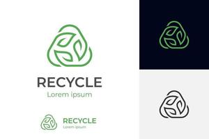 reciclaje de triángulo de línea con hoja verde, logotipo de ecología de reciclaje o plantilla de vector de diseño de icono