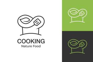 diseño de logotipo de cocina de chef natural diseño de icono de símbolo de vector de estilo de línea con elementos de diseño de tapa, hoja y espátula para alimentos saludables, verduras, vegetariano