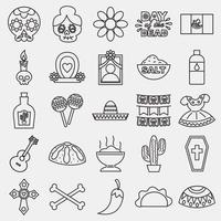 conjunto de iconos día de los muertos. elementos de celebración del día de los muertos. iconos en estilo de línea. bueno para impresiones, carteles, logotipos, decoración de fiestas, tarjetas de felicitación, etc. vector