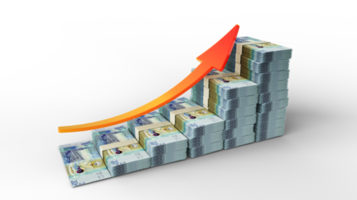 sinal de crescimento financeiro feito de pilhas de notas de dinar kuwaitiano. renderização 3D de dinheiro organizado na forma de um gráfico de barras isolado em fundo transparente png