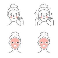 la chica de belleza cuida su rostro y usa productos de limpieza para la piel. procedimientos de cuidado de la piel. concepto de limpieza facial, hidratación y eliminación de maquillaje. conjunto de ilustraciones vectoriales lineales y planas. vector