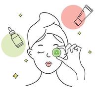 Pretty woman doing skin care procedures with cucumber.Skin care for girl character design of vector.Skin care procedures. The concept of facial cleansing, mask, moisturizing and makeup removal. vector