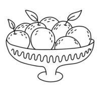 Ripe oranges in ceramic bowl illustration isolated on white background. Harvest of organic oranges. Hand drawn. Doodle style. vector