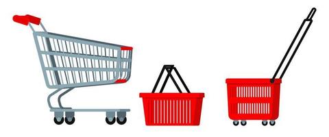 Empty supermarket chrome metal trolley cart with wheels, red plasyic shopping basket icon set vector