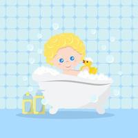 Baby taking a bath playing with foam bubbles and yellow rubber duck on bath interior background. vector