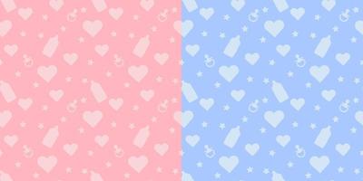 Set kids cute vector seamless pattern with shapes of baby bottle, pacifier, heart on blue and pink background