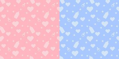 Set kids cute vector seamless pattern with shapes of baby bottle, pacifier, heart on blue and pink background