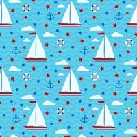 Marine cute vector seamless pattern with sailboat, stars, clouds, anchor, lifebuoy on the background of the sea with waves Endless texture Background for web, covers, decoration, children s design.