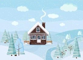 escena de paisaje nevado de invierno con casa de ladrillo, árboles de invierno, abetos, nubes, río, nieve, campos en estilo plano de dibujos animados, ilustración de fondo de vector de Navidad.