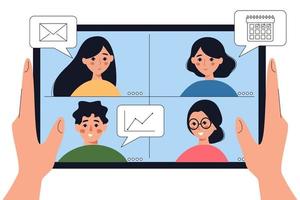 Person holding tablet and communicating via internet. Hands and smartphone close up. Online communication at work, remote office workers talking videocall, virtual video meeting at distance. vector