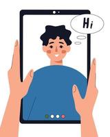 Person holding tablet and communicating via internet. Hands and smartphone close up. Diverse online conversations, virtual video meeting at distance. Vector flat illustration.