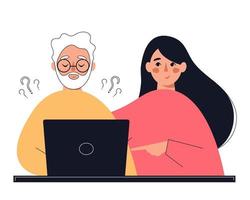 Older man using computer. Help elderly to master modern technologies. Senior person with laptop. Vector flat illustration.