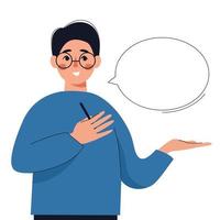 Man pointing to something with his hand. Person making gesture paying attention to speech bubble. Vector illustration.