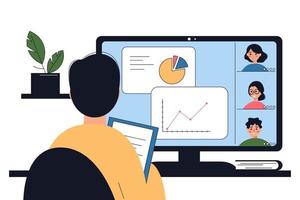 Person communicates via internet. Videocall at work, remote office colleagues at business call, virtual video meeting at distance. Vector flat illustration.