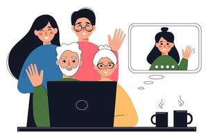 Family using laptop for communication via internet with relative. Diverse online conversations, virtual video meeting at distance. Vector flat illustration.