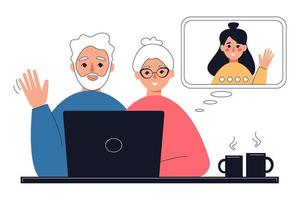 Elderly people using laptop for communication via internet.  Diverse online conversations, virtual video meeting at distance. Vector flat illustration.