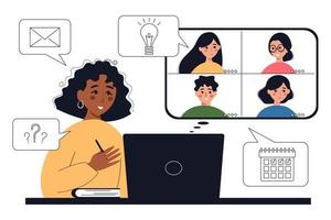 Woman communicates via internet. Video call at work, remote office colleagues at business call, virtual video meeting at distance. Vector flat illustration.