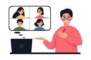 Person communicates via internet. Videocall at work, remote office colleagues at business call, virtual video meeting at distance. Vector flat illustration.