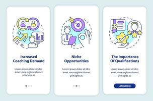 Business coaching trends onboarding mobile app screen. Qualifications walkthrough 3 steps editable graphic instructions with linear concepts. UI, UX, GUI template. vector