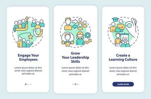 Business coaching courses ad onboarding mobile app screen. Engagement walkthrough 3 steps editable graphic instructions with linear concepts. UI, UX, GUI template. vector