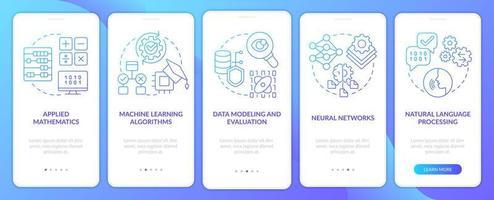 Machine learning engineer skills blue gradient onboarding mobile app screen. Walkthrough 5 steps graphic instructions with linear concepts. UI, UX, GUI template. vector