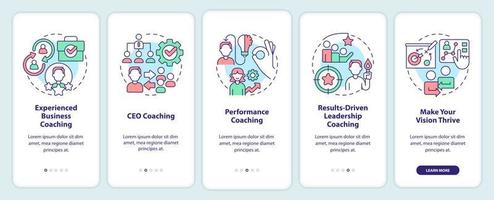 Business coaching services onboarding mobile app screen. Performance walkthrough 5 steps editable graphic instructions with linear concepts. UI, UX, GUI template. vector