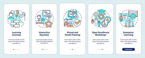 Methods for learning experience onboarding mobile app screen. Walkthrough 5 steps editable graphic instructions with linear concepts. UI, UX, GUI template. vector