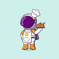 el chef astronauta está sirviendo un sabroso pollo a la parrilla y listo para comer vector