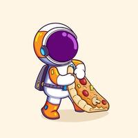 The hungry astronaut is pulling a piece of big pizza and ready to eat vector