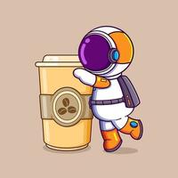 el astronauta sediento está tomando una gran taza de café y listo para beberlo vector