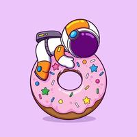 The cute astronaut is hugging and loving his doughnut and do not want to eat it vector