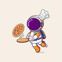 The chef astronaut is stumbled and going to fall while holding a pizza on hand vector