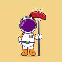 el astronauta está horneando una salchicha grande con un pincho largo a la parrilla mientras está de pie vector
