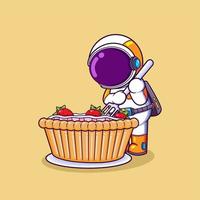 The astronaut is hungry and going to eat a big strawberry pancake with a fork vector