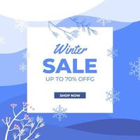 elegante promoción de banner de oferta de venta de invierno con hojas de rama estacionales y copos de nieve vector