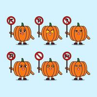 Cute Pumpkin cartoon character hold traffic sign vector