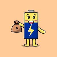 Cute cartoon Crazy rich Battery with money bag vector