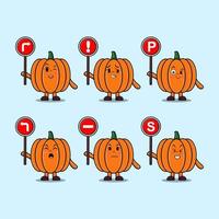 Cute Pumpkin cartoon character hold traffic sign vector