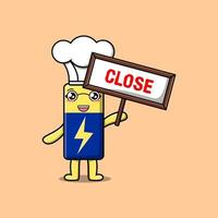 Cute cartoon Battery chef holding close sign board vector