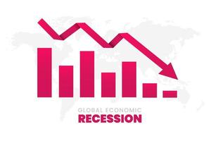 World economic recession background. Global financial crisis with chart bar, moving down arrow and world map. Paper art style. vector illustration