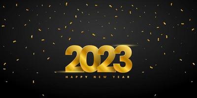 Shiny gold 2023 new year greetings banner on black background with gold ribbon vector