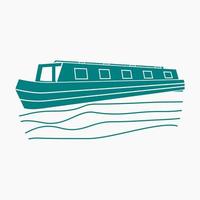 Editable Flat Monochrome Style Three-Quarter Oblique View Narrow Boat on Wavy Water Vector Illustration for Artwork Element of Transportation or Recreation of United Kingdom or Europe Related Design