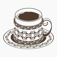 Editable Flat Monochrome Style Isolated Three-Quarter Top View Patterned Turkish Fincan Cup of Coffee on a Saucer Vector Illustration for Cafe and Ottoman Culture Tradition or History Related Design