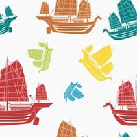 Editable Flat Monochrome Style Side View Ancient Japanese Ship Vector Illustration in Various Colors as Seamless Pattern for Creating Background of Transportation and Cultural Education Related Design