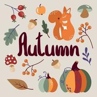 Set of cartoon autumn elements. Autumn attributes. Lettering, pumpkin, squirrel, leaves, mushrooms, autumn berries vector