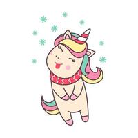 lindo unicornio de personaje kawaii navideño con copos de nieve aislado sobre fondo blanco. elemento de diseño de vacaciones para tarjeta de felicitación e impresión para camiseta. ilustración vectorial vector