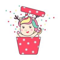 Cute Christmas kawaii character unicorn in gift box with confetti isolated on white background. Holiday design element for greeting card and print for t-shirt. Vector illustration.