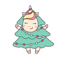 Cute kawaii character unicorn in Christmas tree costume with lights isolated on white background. Holiday design element for greeting card and print for t-shirt. Vector illustration.