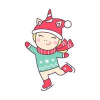 lindo feliz navidad kawaii personaje unicornio en santa hat patinaje sobre hielo aislado sobre fondo blanco. elemento de diseño de vacaciones para tarjeta de felicitación e impresión para camiseta. ilustración vectorial vector