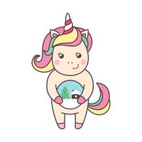 lindo personaje kawaii de navidad unicornio con globo de nieve de vidrio aislado sobre fondo blanco. elemento de diseño de vacaciones para tarjeta de felicitación e impresión para camiseta. ilustración vectorial vector